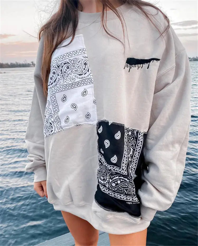 Chic Print Long-Sleeve Loose Sweater