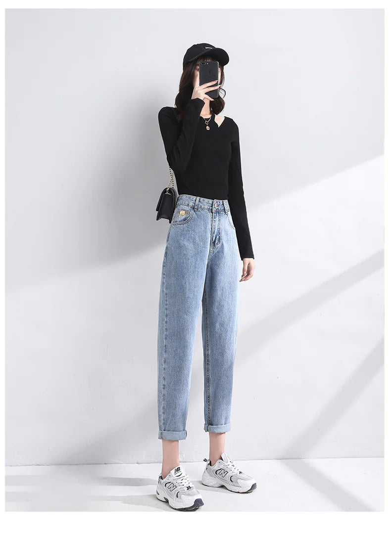 Calças Jeans de Cintura Alta Estilo Coreano - Denim Premium