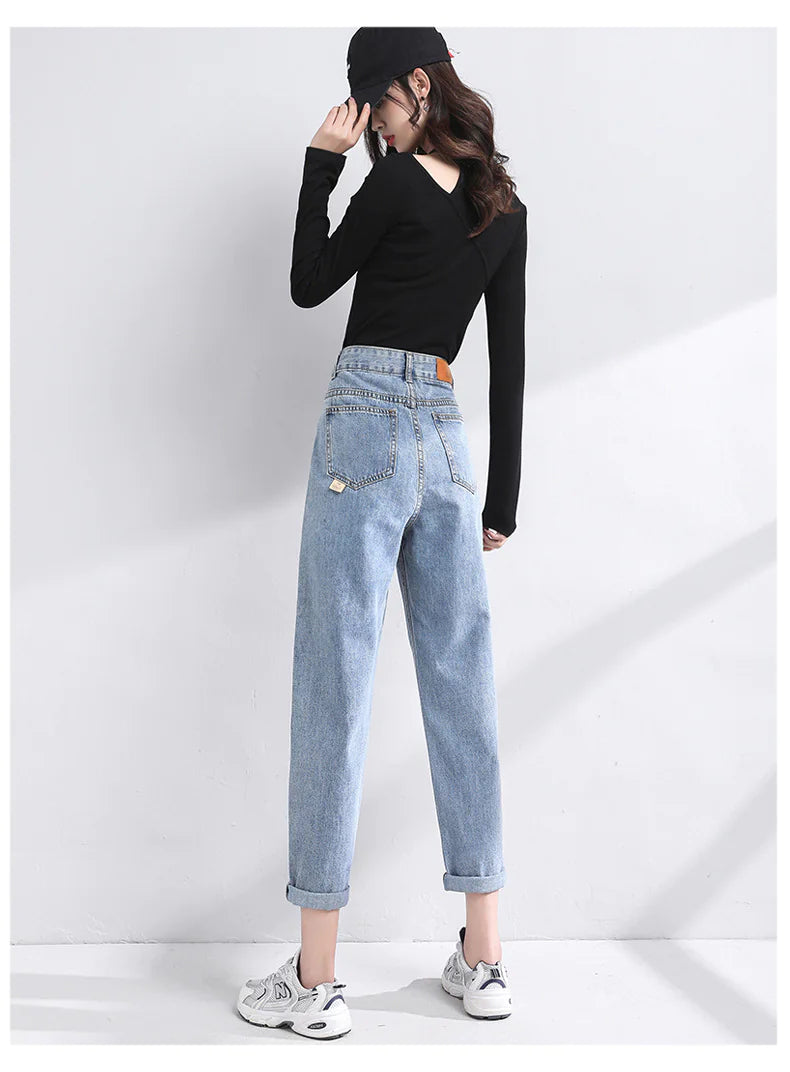 Calças Jeans de Cintura Alta Estilo Coreano - Denim Premium